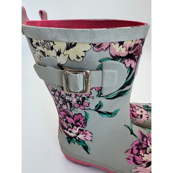 Joules Wellies Women's Size 7 Floral Mid-Calf Rubber Rain Boots Gray/Pink - Picture 4 of 7